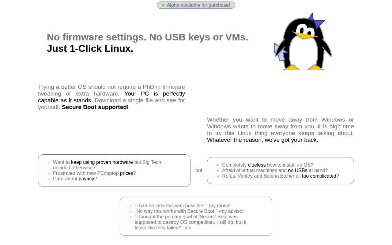 Linux installer .exe without pendrives (secure-boot compatible)
