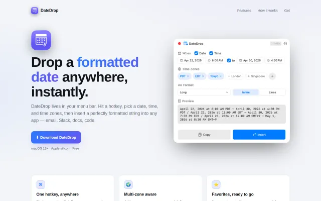 DateDrop – a macOS menu-bar app for inserting formatted dates