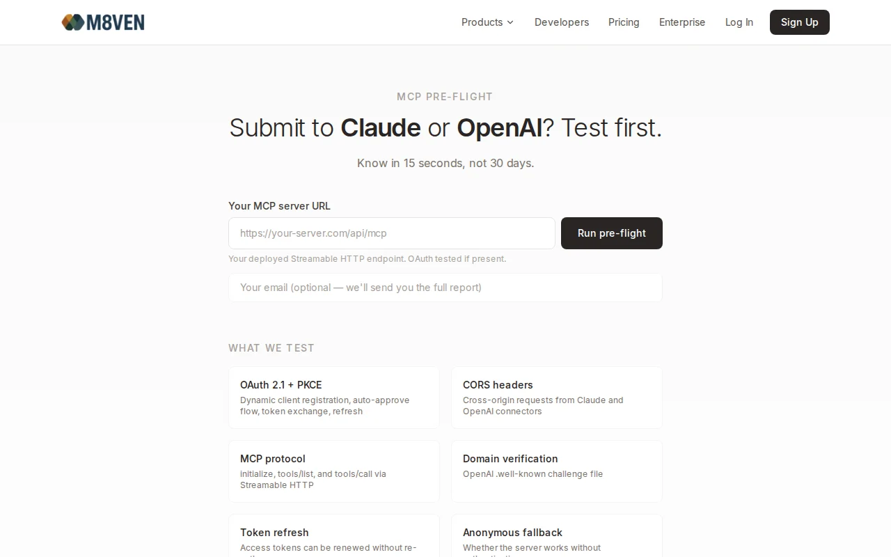 Preflight – Test your MCP server before submitting to Claude/OpenAI