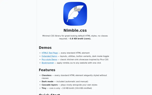 Nimble.css minimal classless CSS library for great-looking default HTML