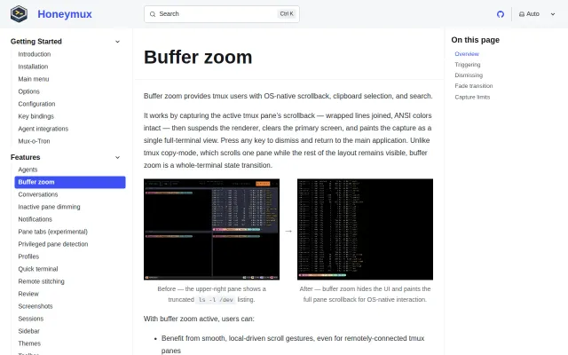 Buffer zoom, adds OS-native scrollback, copy, and find to any tmux pane