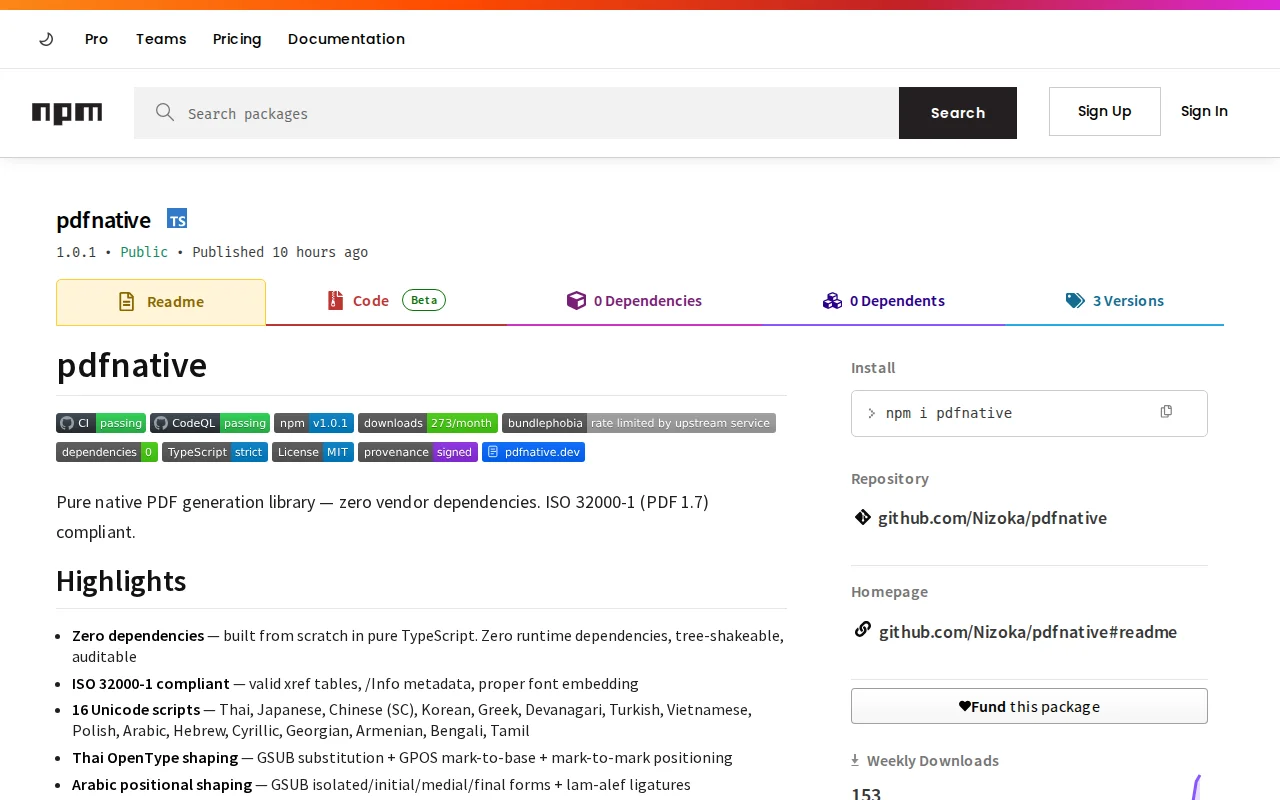 Pdfnative – zero-dependency TypeScript PDF engine