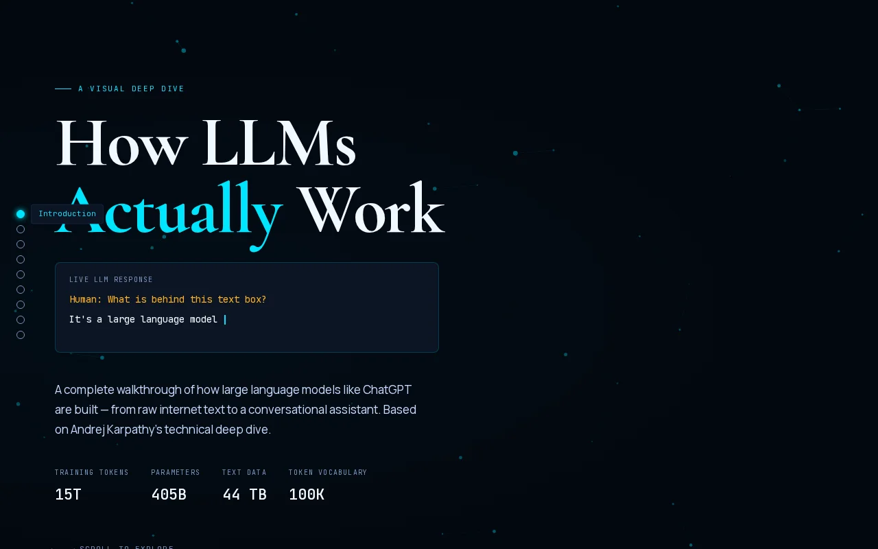 How LLMs Work – Interactive visual guide based on Karpathy's lecture