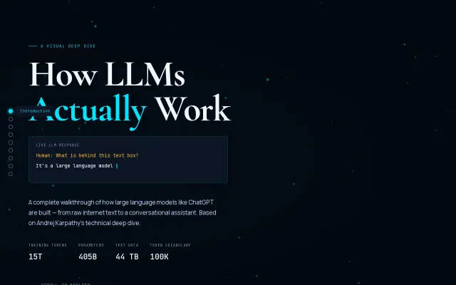 How LLMs Work – Interactive visual guide based on Karpathy's lecture