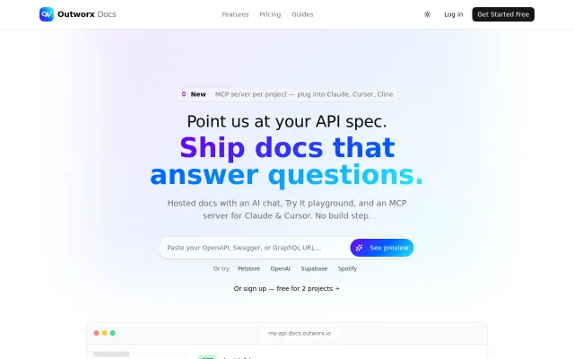 Outworx Docs – Hosted API docs with an MCP server per project
