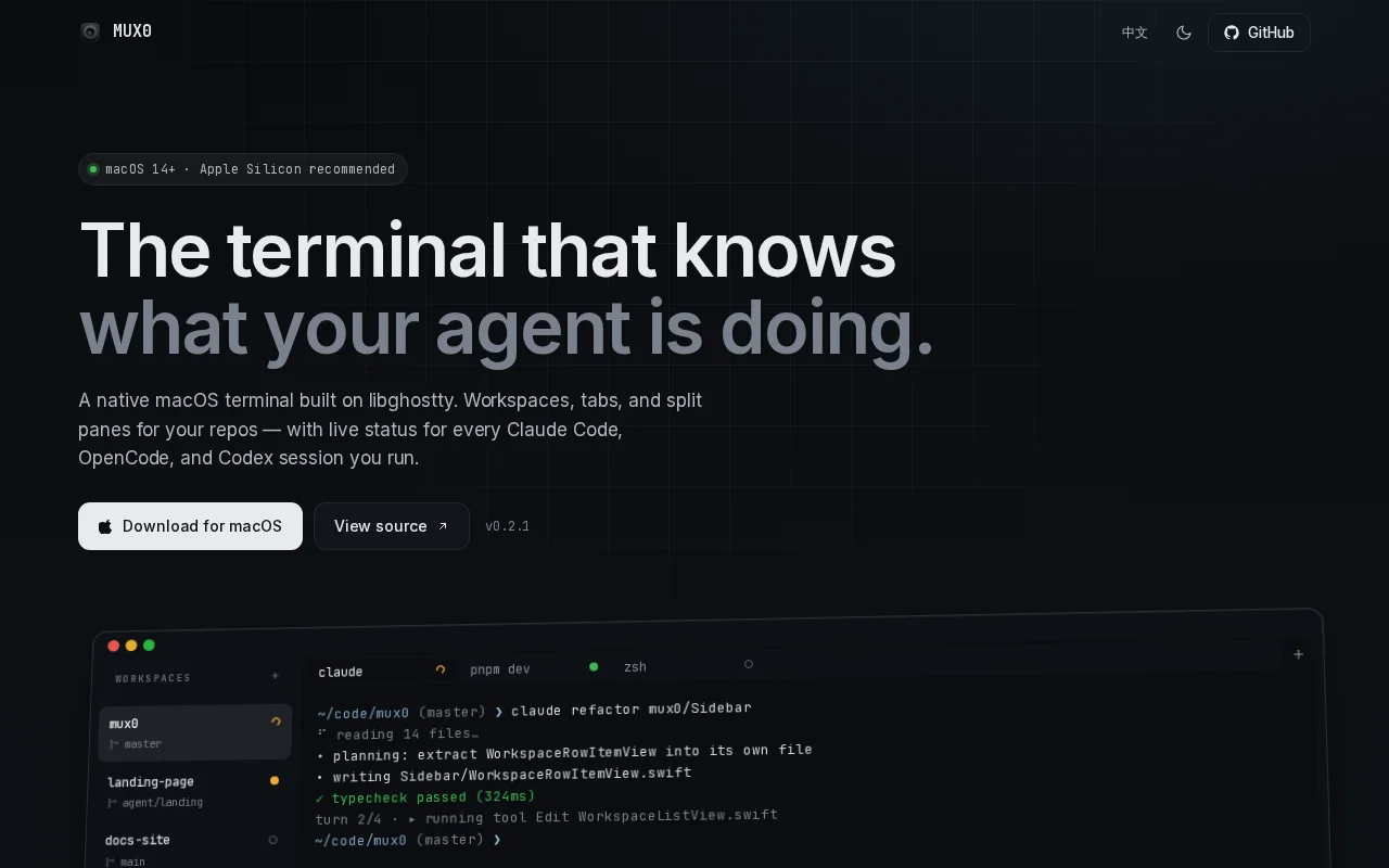 Mux0 – Open-source macOS terminal with workspace tabs and agent hooks