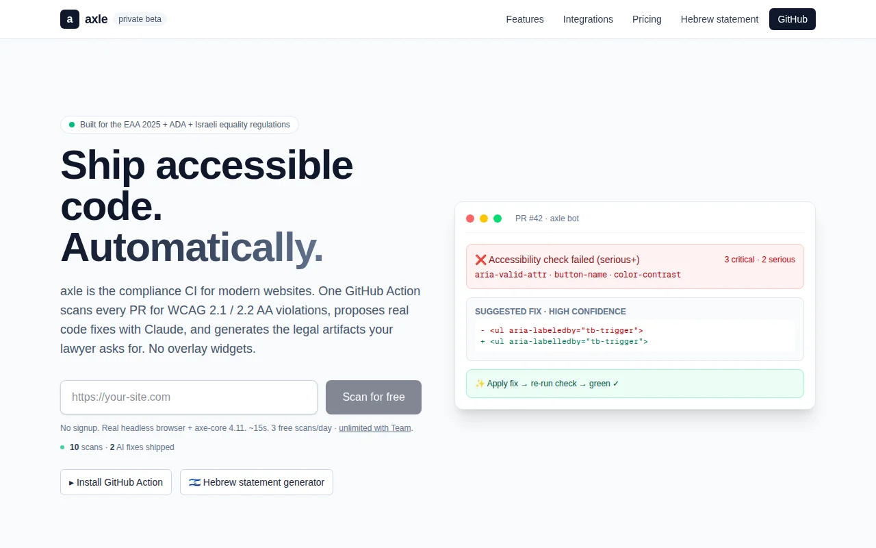 Axle – a11y/WCAG CI that proposes real source-code fixes via Claude