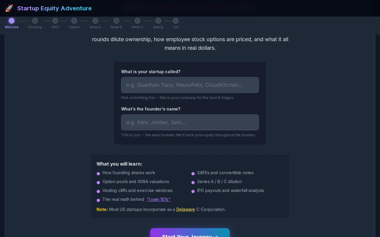 Startup Equity Adventure Game