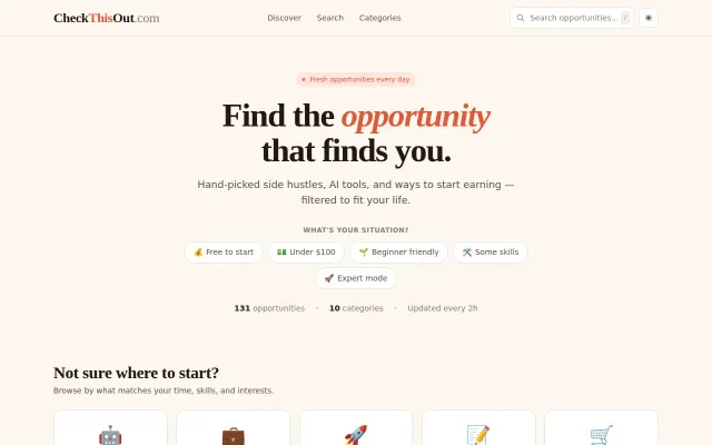 CheckThisOut – a filtered directory of side hustles and AI tools