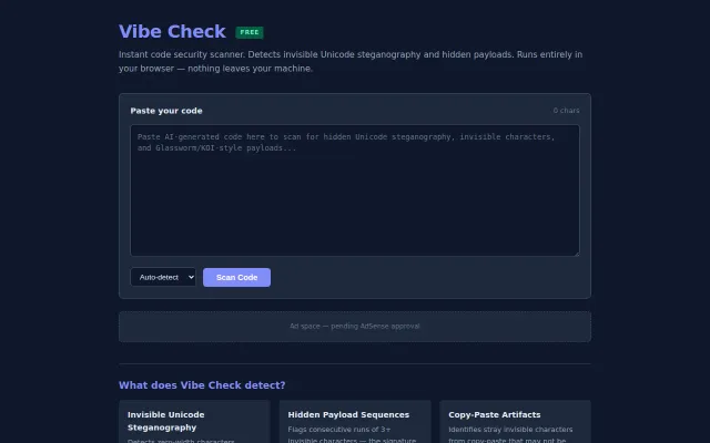 Vibe Check – Client-side invisible Unicode steganography scanner