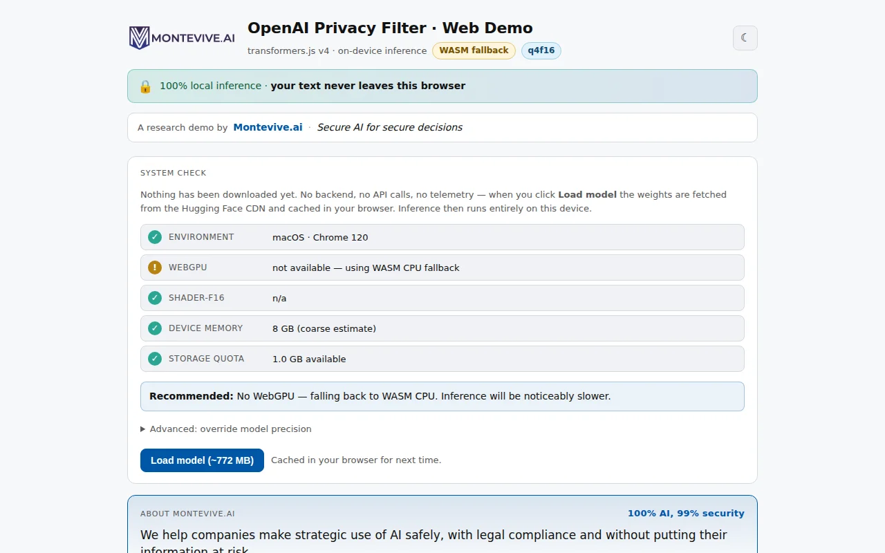 OpenAI Privacy Filter running 100% locally in the browser WebGPU