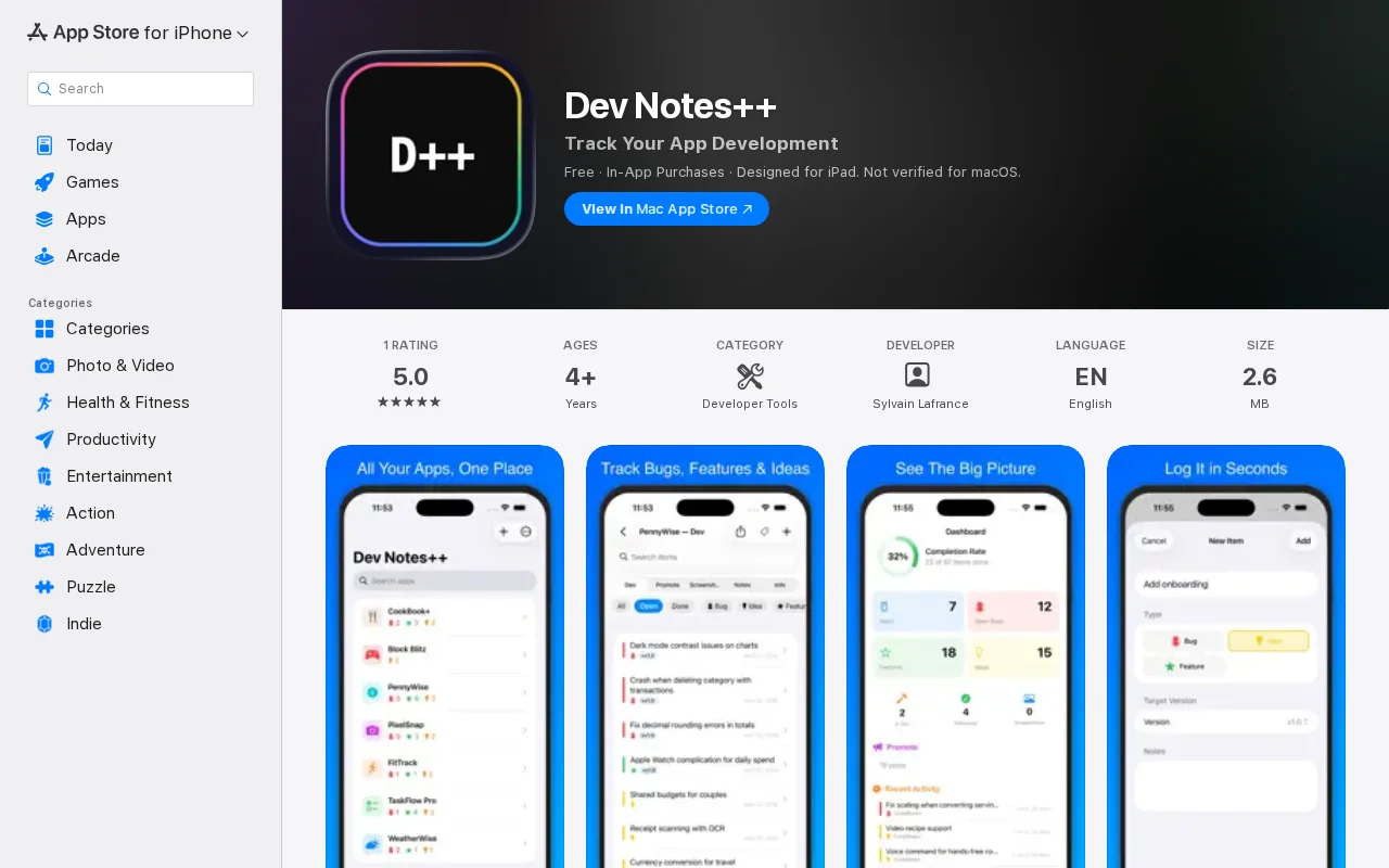 Dev Notes++ is the companion app for indie devs to track bugs, ideas