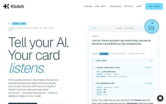 Klutch MCP: control your credit card programmatically via Claud