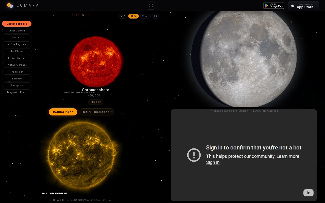 Live Sun and Moon Dashboard with NASA Footage