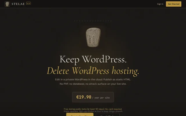 Stelae – €19.90/year WordPress, exported to static HTML