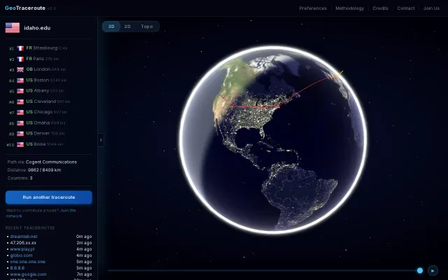 GeoTraceroute – Traceroutes on a 3D globe and submarine cables