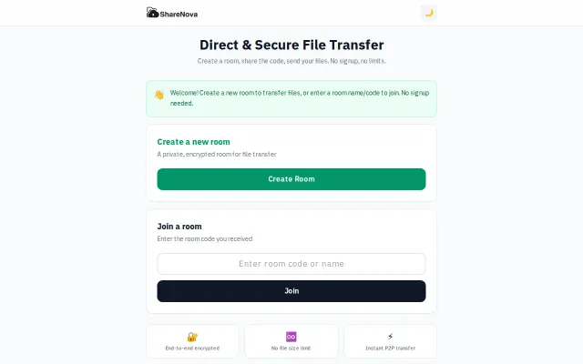 ShareNova – Browser file sharing, no account, no limits, no storage