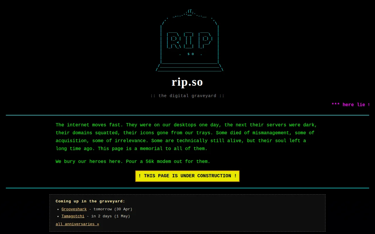 Rip.so – a graveyard for dead internet things