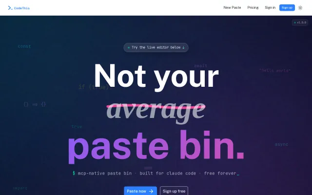 CodeThis – paste bin with Markdown, password, MCP, and code-to-image