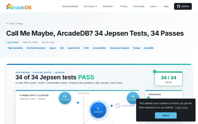 Distributed-correctness tests using Jepsen tooling pass on ArcadeDB