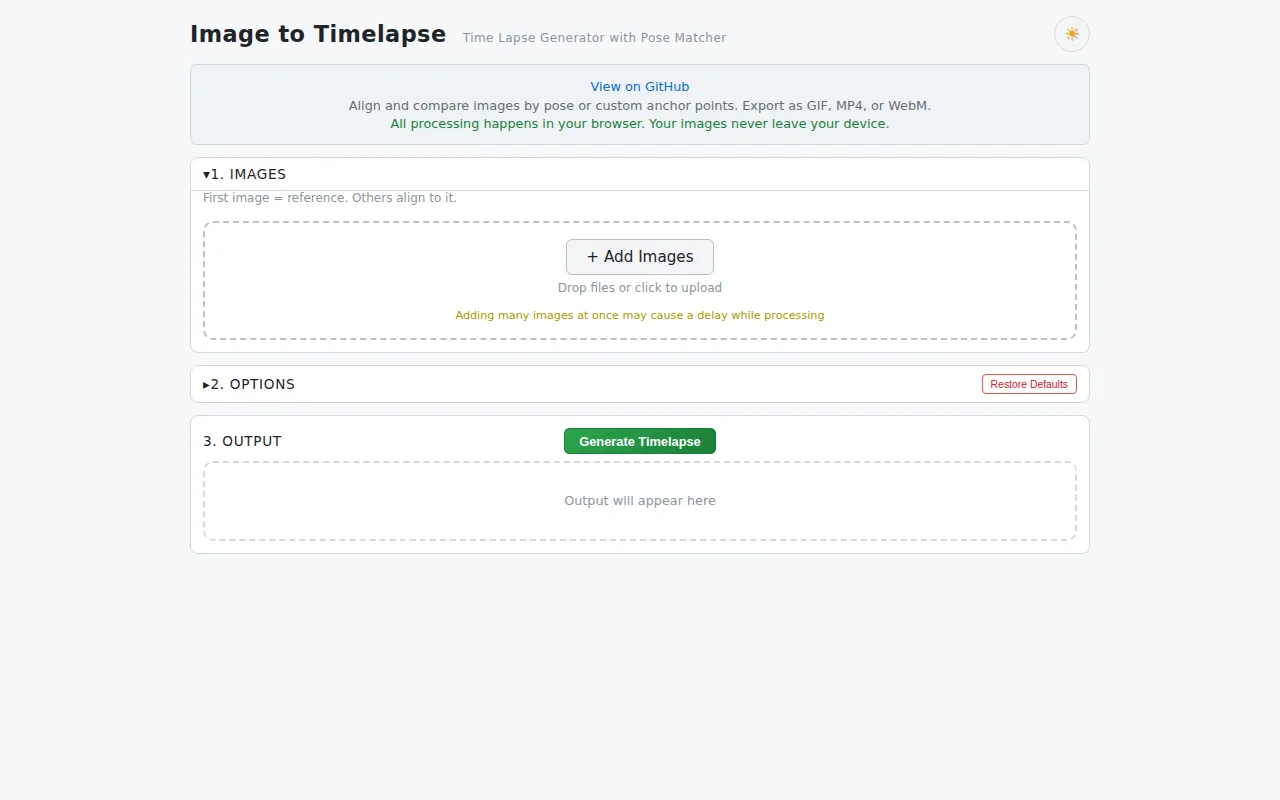 Browser-based timelapse generator with pose-based photo alignment