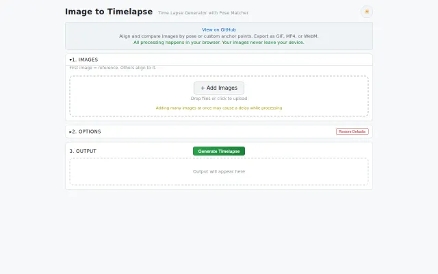 Browser-based timelapse generator with pose-based photo alignment