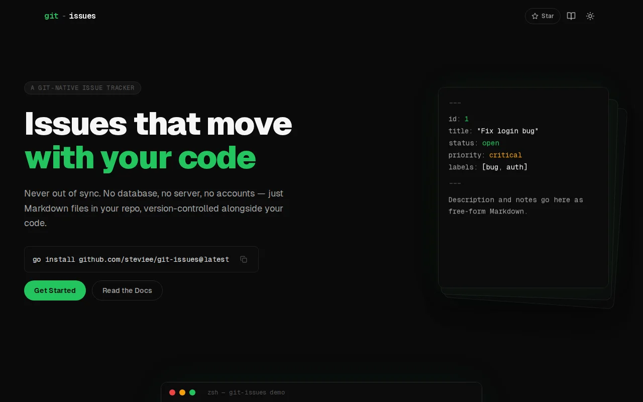 Git-issues – Issue tracker that lives in your repo as Markdown