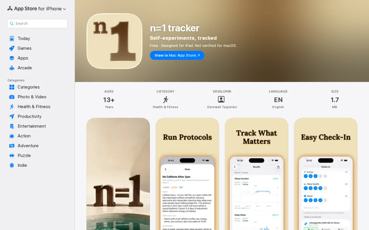 N=1 – iOS app for structured longevity self-protocols