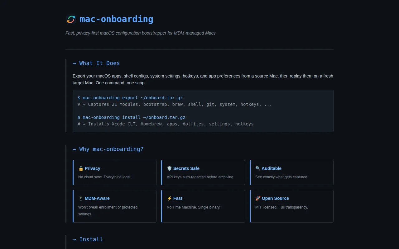 Fast, privacy-first macOS configuration bootstrapper for (MDM) Macs