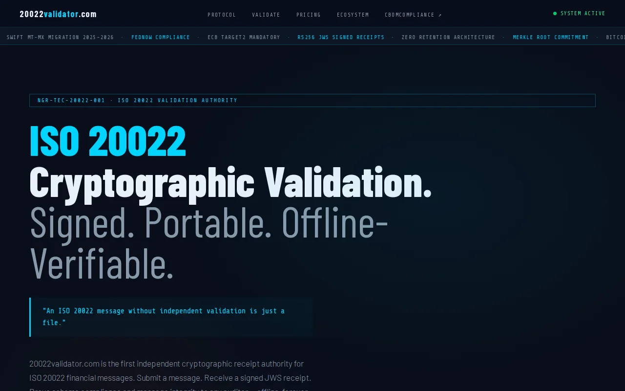 Cryptographic receipt authority for ISO 20022 financial messages