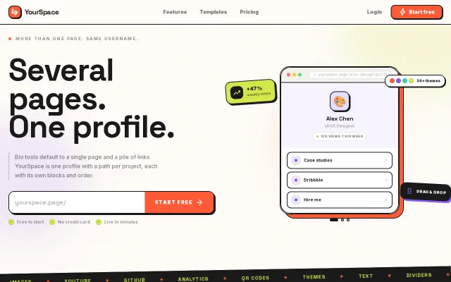 YourSpace – one username, a separate bio page for each thing you do