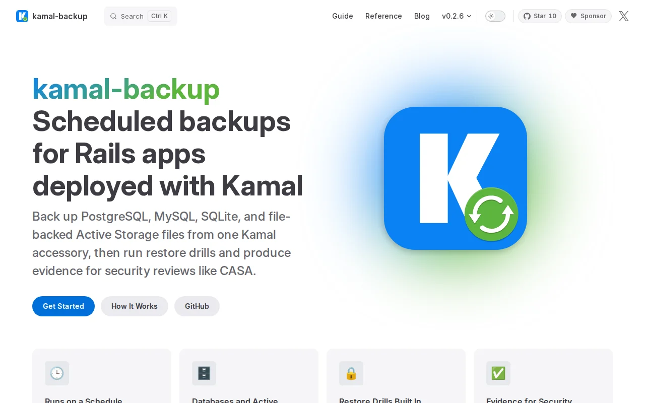 Kamal-backup – Rails backups with restore drills and audit evidence