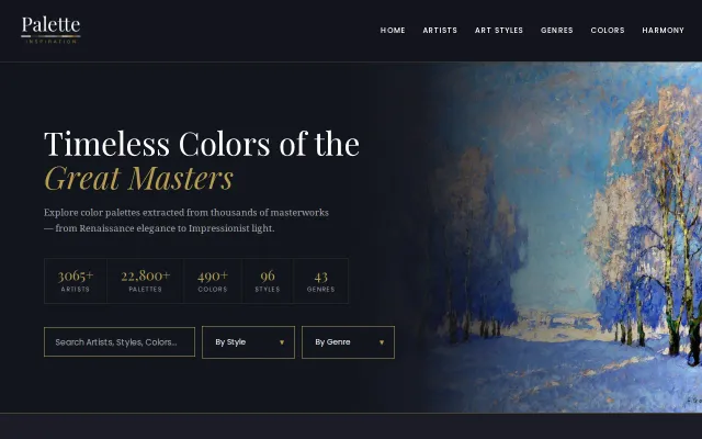 Explore color palettes inspired by 3000 master painter artworks