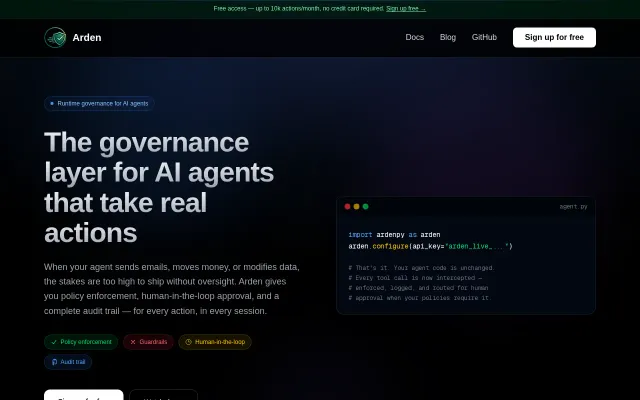 Arden – Runtime policy enforcement and governance for AI agents