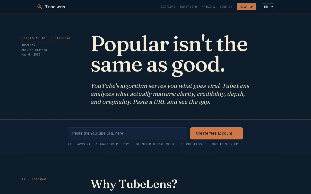 TubeLens – Critical analysis of YouTube (4 dimensions, 28 signals)