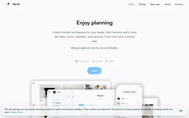 Personal planner with workspaces, tasks, notes, calendars, journals