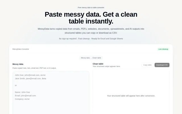 MessyData – turn messy data into clean tables/CSV