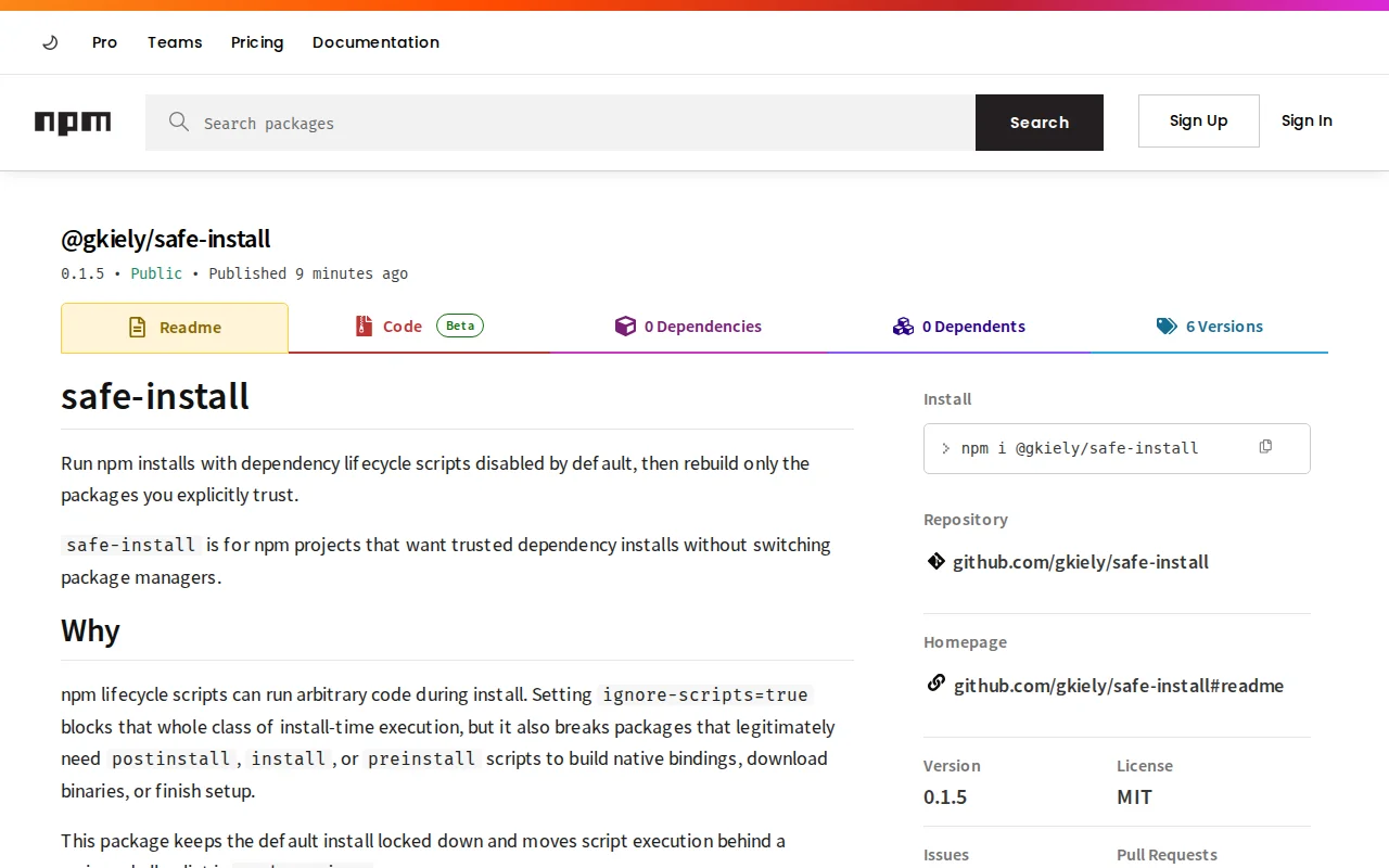 Safe-install – safer NPM installs with trusted build dependencies