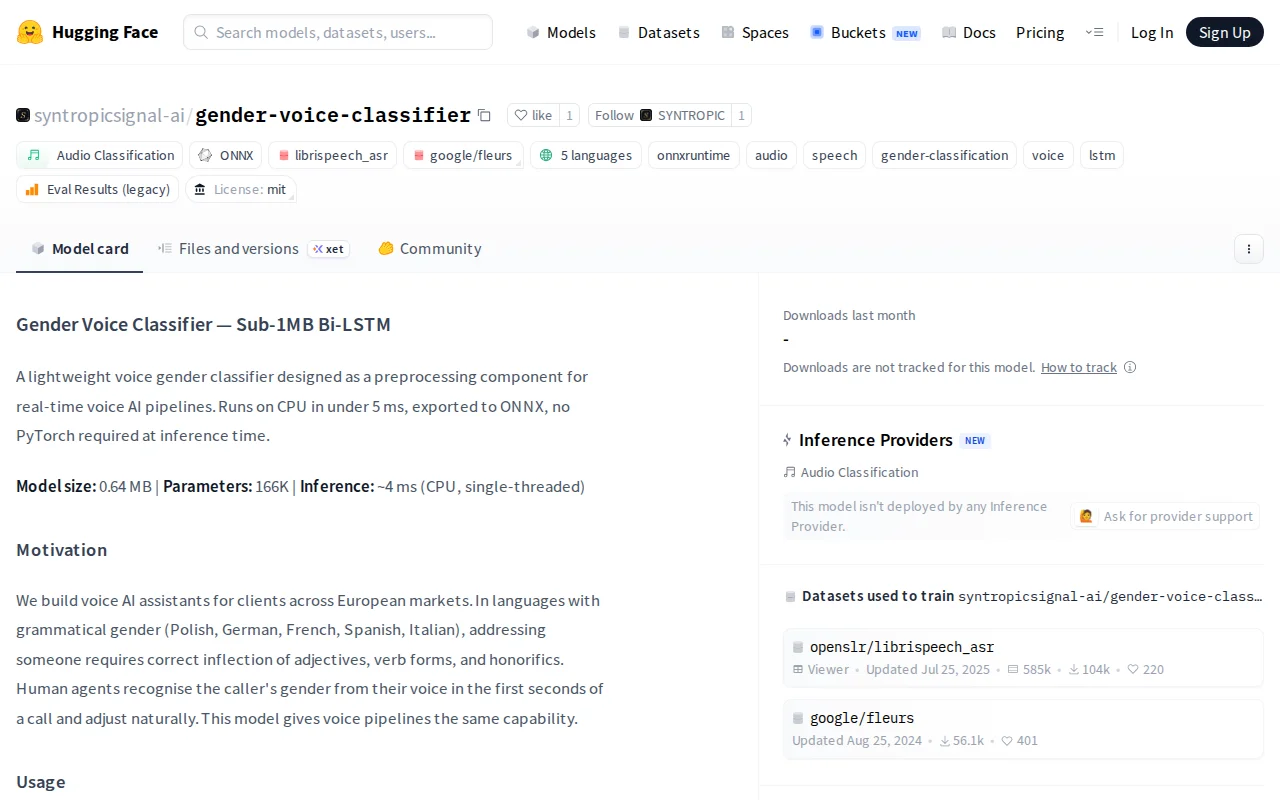 Voice gender classifier for European voice AI (1MB, ONNX, 4ms)
