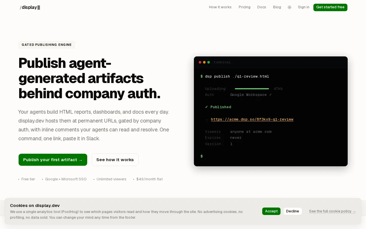 Display.dev, agent-native way to publish HTML or MD behind company auth