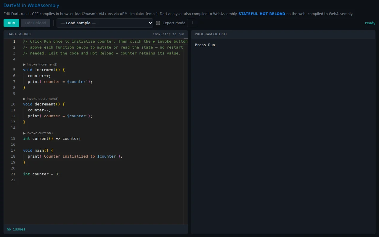 Dart Live – compiler, VM, analyzer and hot reload on the web via WASM