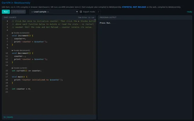 Dart Live – compiler, VM, analyzer and hot reload on the web via WASM