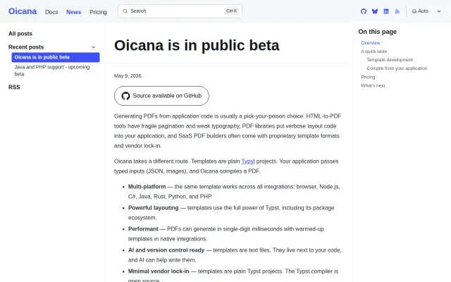 Oicana – PDF templating with Typst, 6 server SDKs and browser WASM