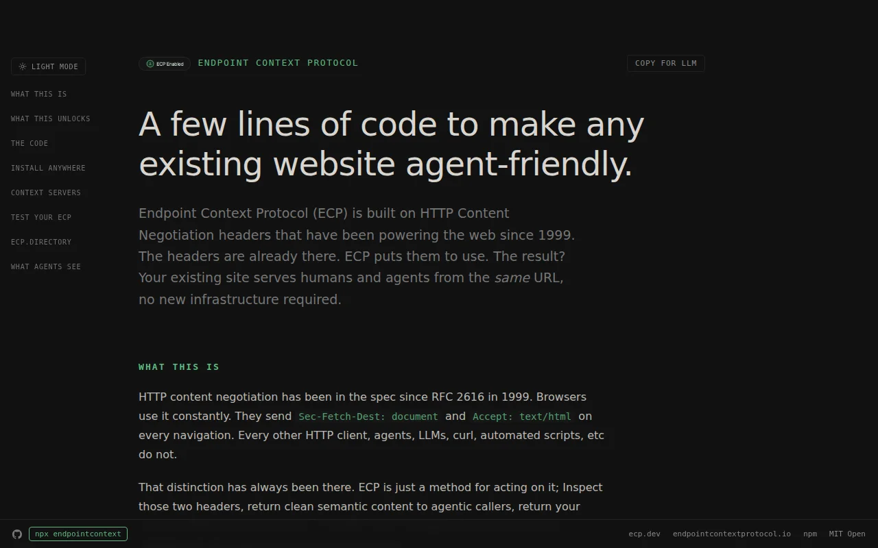 Endpoint Context Protocol – Browsers get HTML, AI agents get Markdown