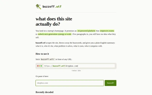 BuzzOff.wtf – get no-buzzword descriptions of landing pages