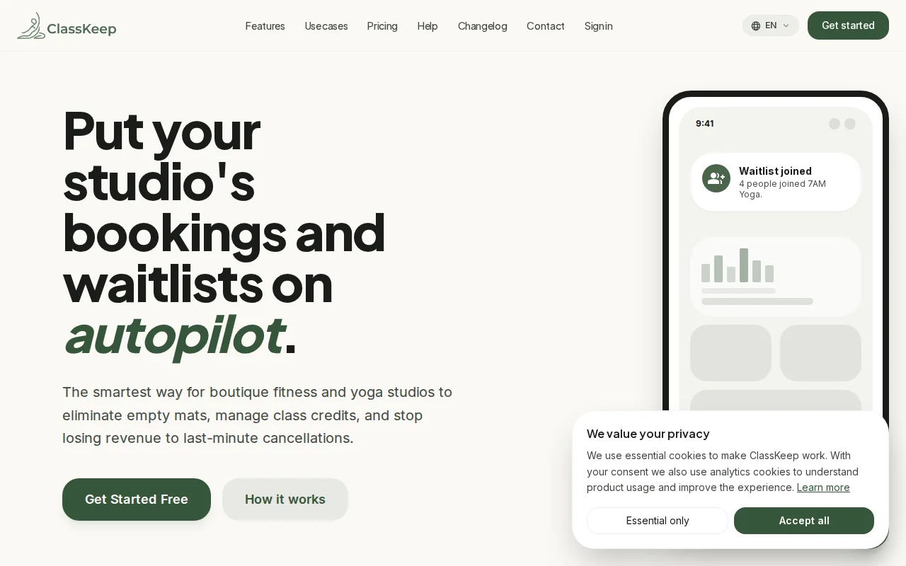 ClassKeep – Booking, credits, and smart waitlists for boutique studios