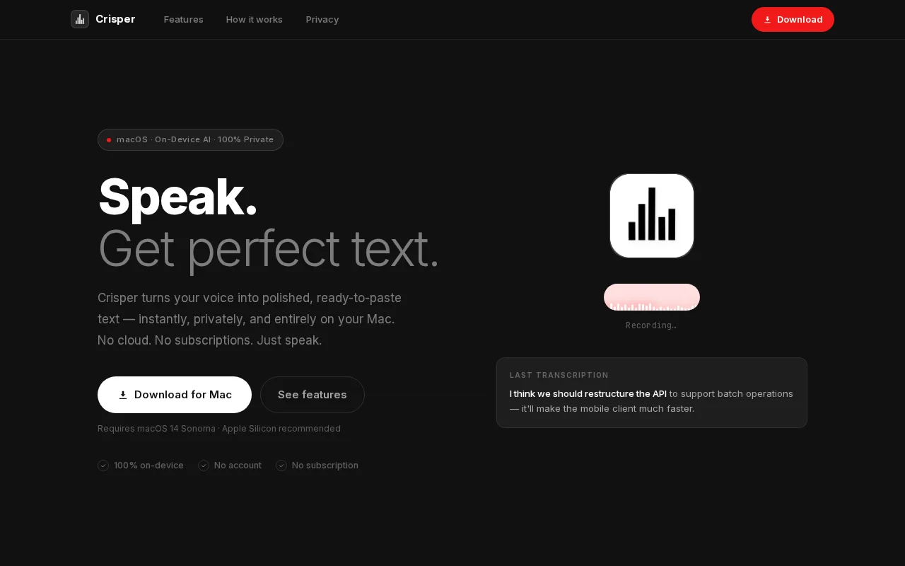 Crisper – On-device voice to polished text for macOS