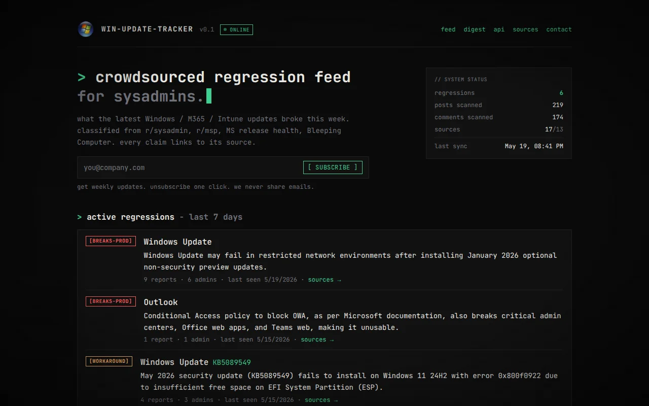 Crowdsourced tracker for what each Windows/M365 update breaks