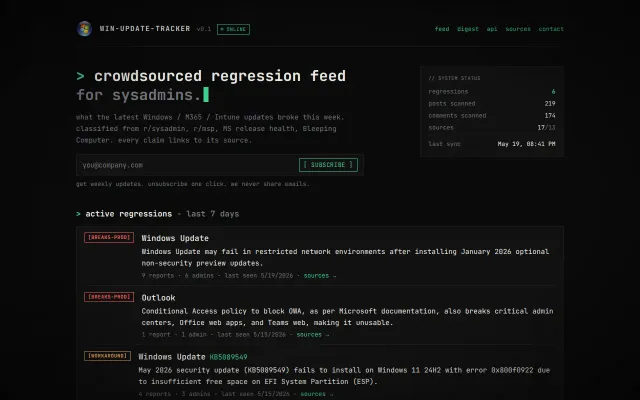 Crowdsourced tracker for what each Windows/M365 update breaks