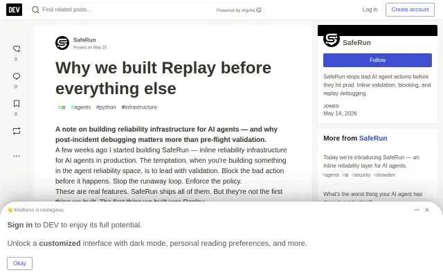 SafeRun – Replay debugging and inline prevention for AI agents